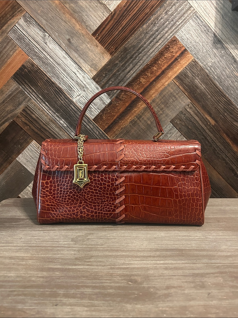 Vintage YSL Red Crocodile Embossed Leather Top Handle Bag